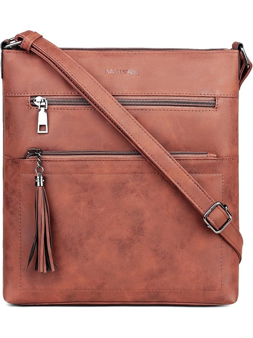 Women's Red Coffee Multi Pocket Crossbody Bag Tassel With Adjustable Strap